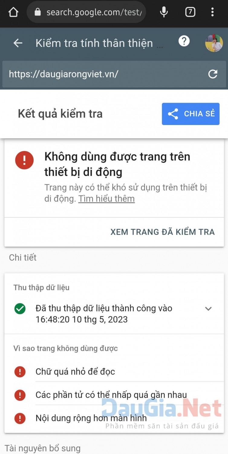 Hình 10: Kiểm tra tính thân thiện của trang web trên thiết bị di động