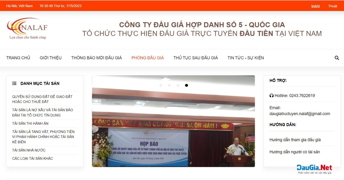 Giao diện sàn đấu giá trực tuyến của Công ty đấu giá hợp danh số 5 Quốc gia