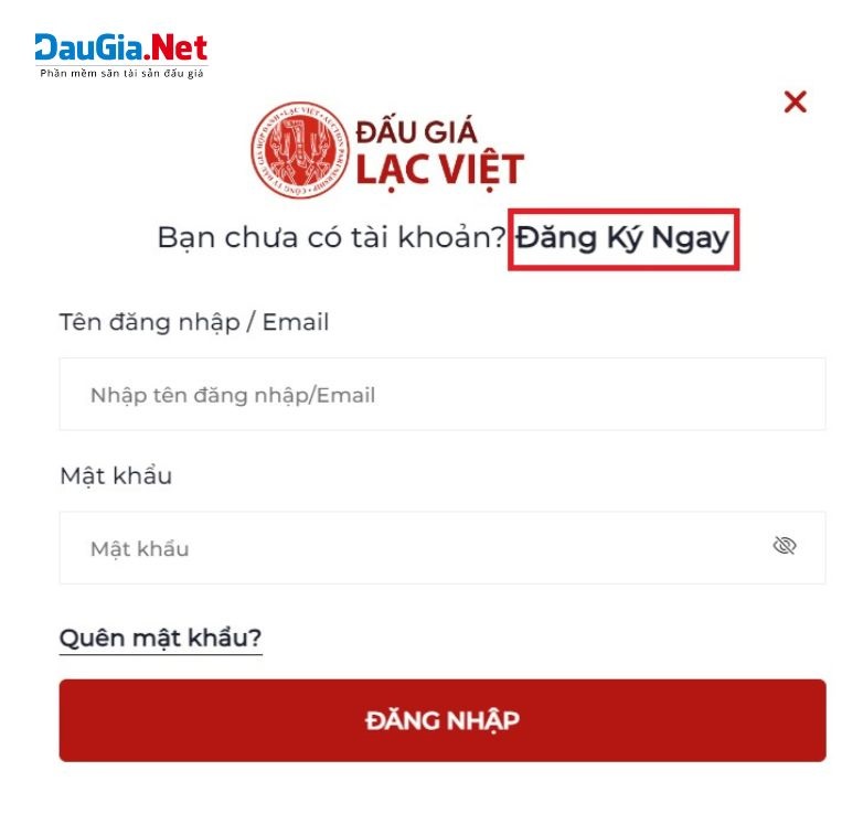 Chọn Đăng ký ngay để tiến hành đăng ký tài sản người tham gia đấu giá trên sàn đấu giá Lạc Việt