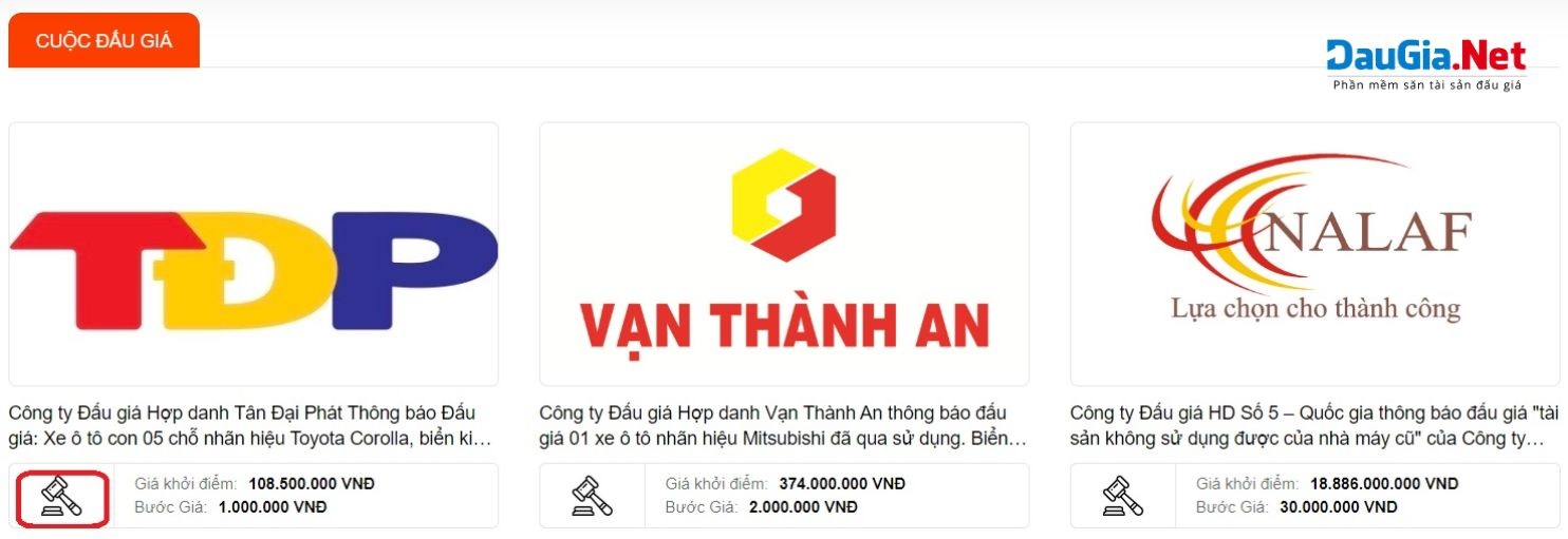 Nhấn vào biểu tượng icon để tham gia gói đấu giá tài sản