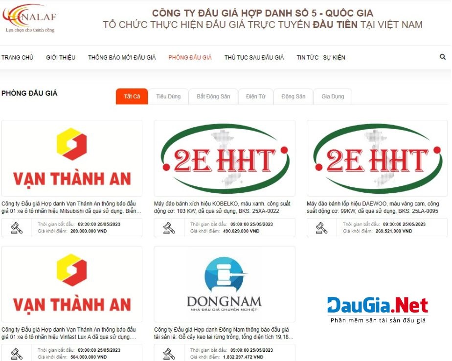 Phòng đấu giá tài sản hiển thị các cuộc đấu giá đang diễn ra hoặc sắp diễn ra trong ngày