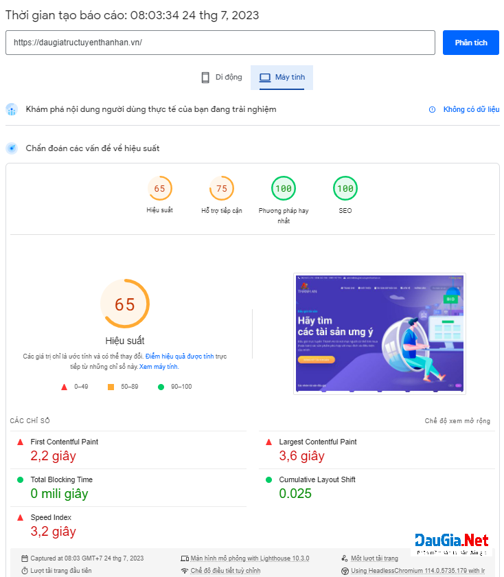 Hình 4 Báo cáo tốc độ tải trang cho máy tính