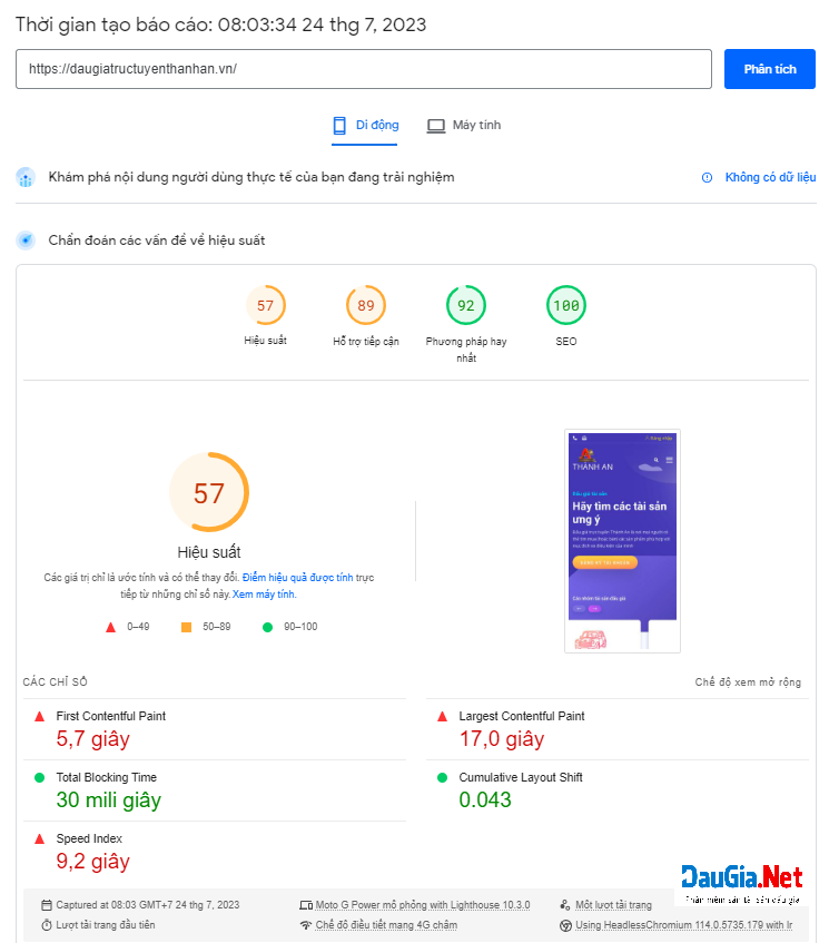 Hình 5 Báo cáo tốc độ tải trang cho thiết bị di động