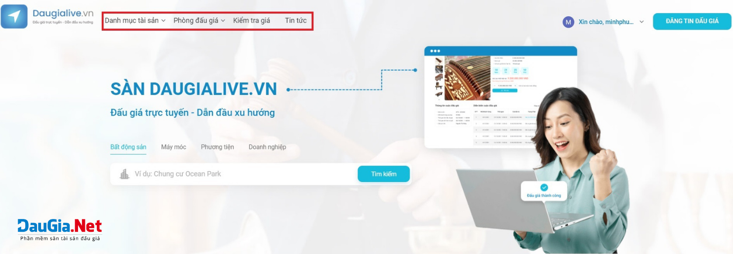 Hình 14 Menu trên site chính sàn đấu giá