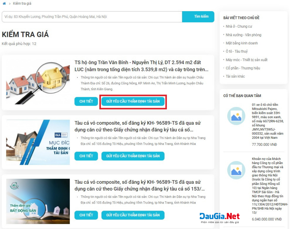 Hình 17 Gửi yêu cầu thẩm định giá gói tài sản trên website