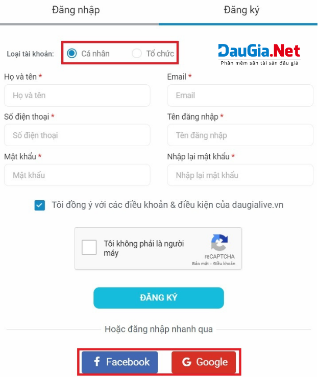 Hình 2 Điền thông tin vào ô bắt buộc hoặc đăng nhập nhanh qua Facebook Google