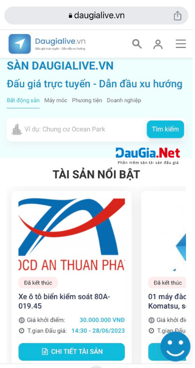 Hình 8 Giao diện sàn đấu giá trực tuyến của Công ty đấu giá hợp danh Tài sản Quốc tế trên di động