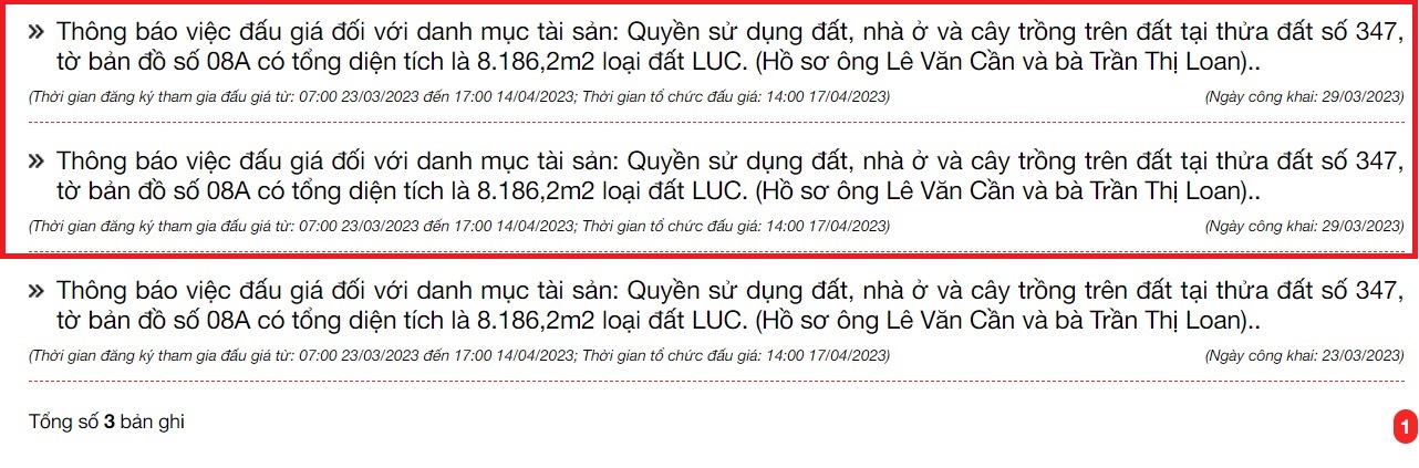 Hình 1 Gói tài sản đấu giá trong ngày 29 03 2023 bị đăng trùng dữ liệu đến 2 lần trên Cổng thông tin điện tử quốc gia về đấu giá tài sản