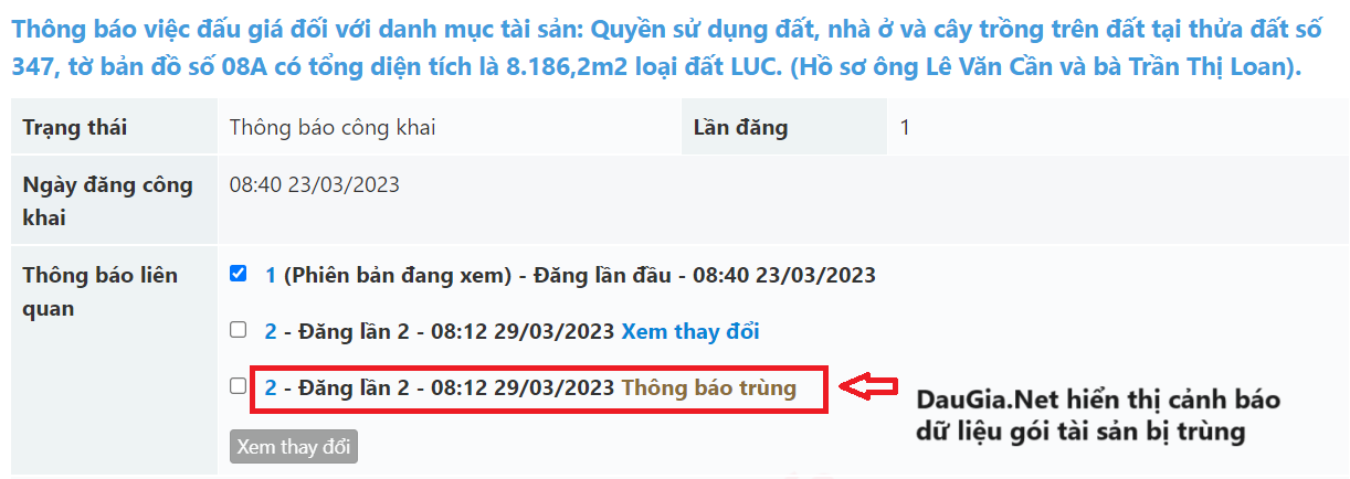 Hình 3 Thông tin gói tài sản bị trùng lặp dữ liệu sẽ được hiển thị cảnh báo cho nhà đầu tư