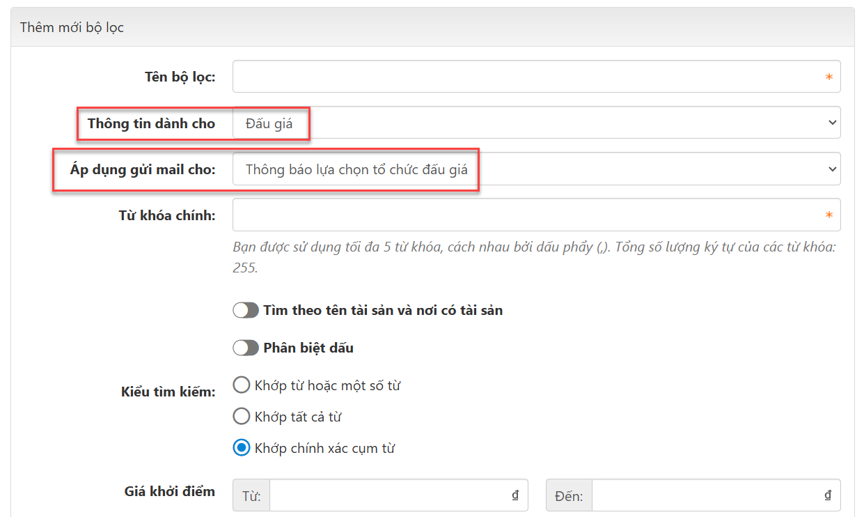 điền thông tin cho bộ lọc