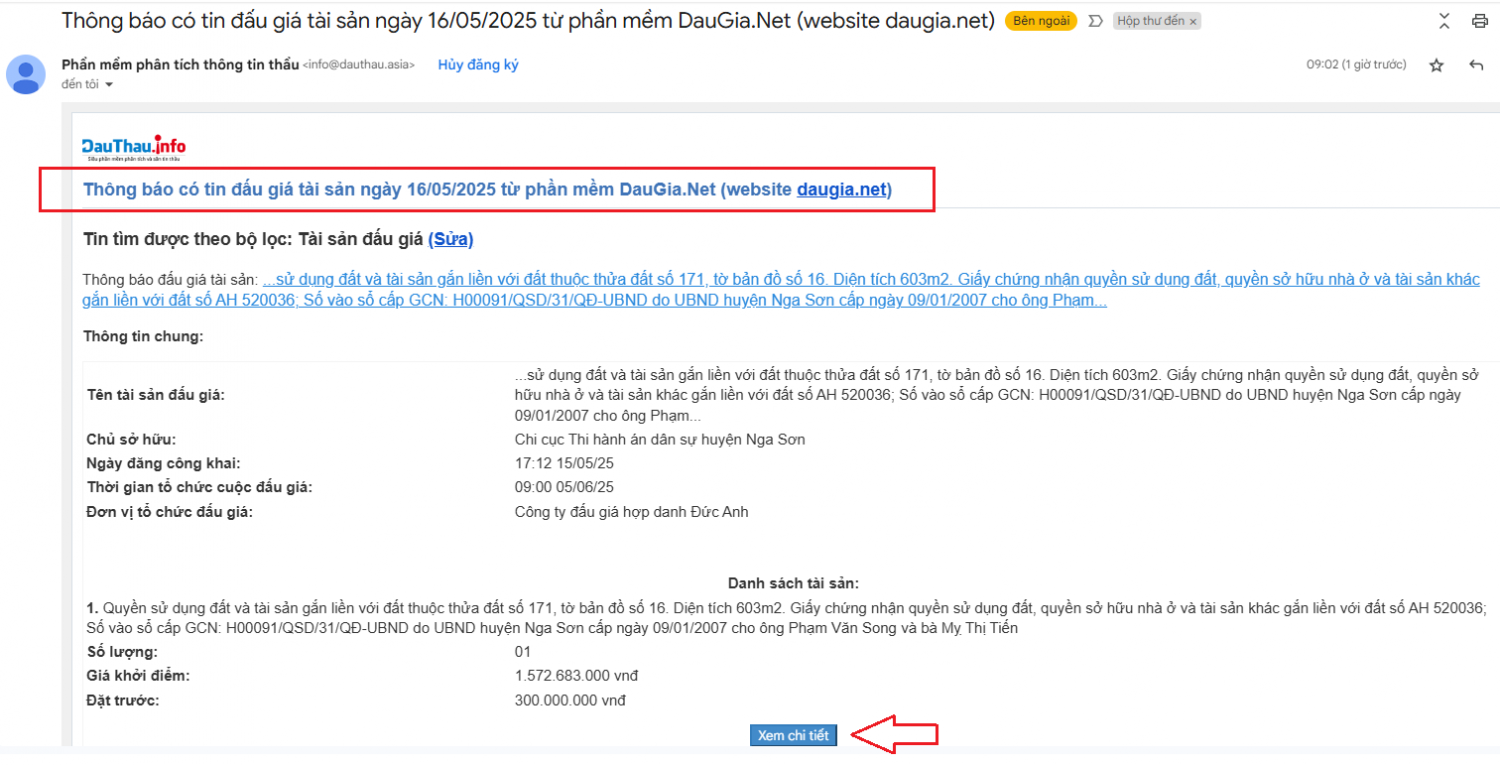 email thông báo có tin tài sản đấu giá