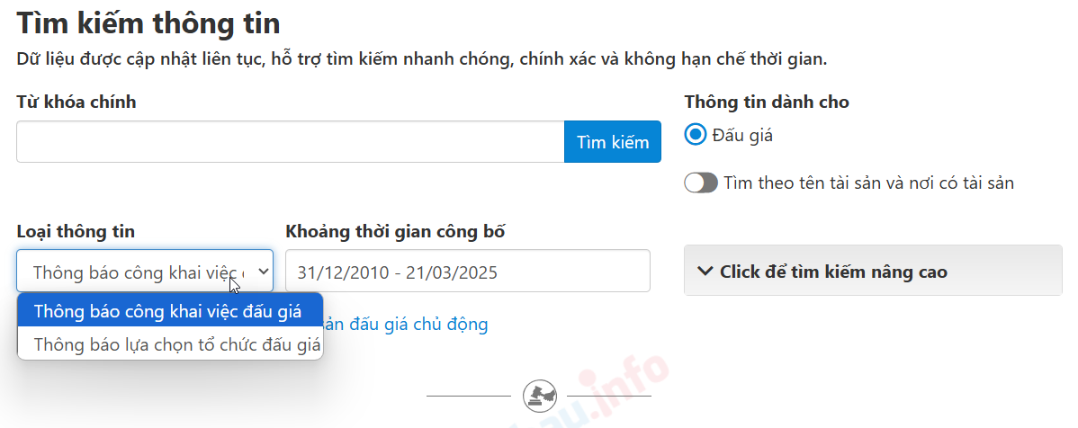 Hình 1 Loại thông tin tìm kiếm mục đích để hỗ trợ khách hàng tra cứu thông tin các tài sản đấu giá