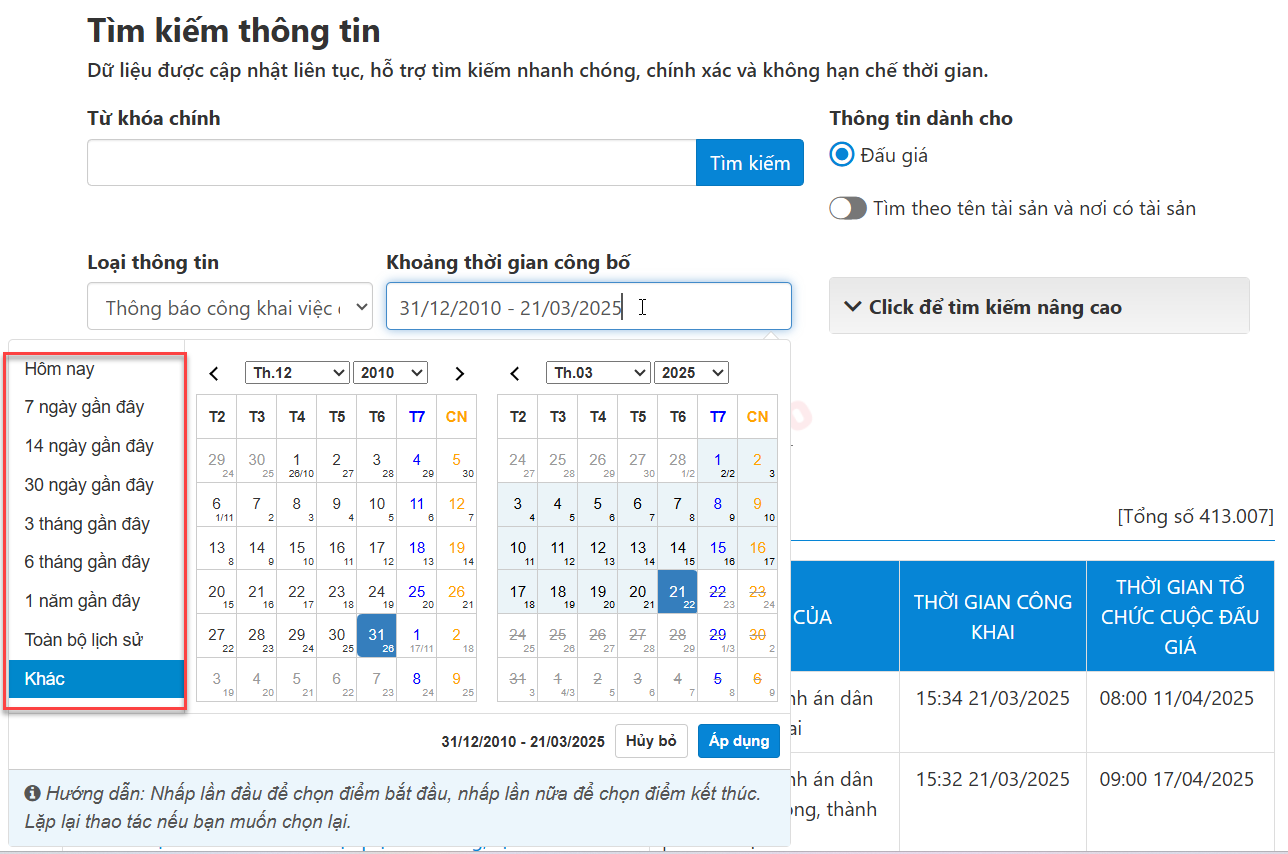 Hình 2 Lựa chọn khoảng thời gian công bố cho thích hợp