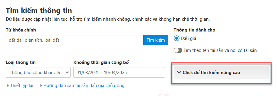 Hình 5 Tìm kiếm nâng cao giúp tìm tài sản đấu giá chính xác hơn