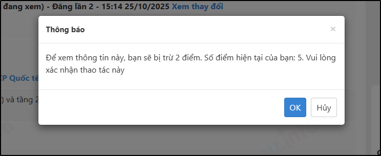 Hình 2: Xem thông tin đấu giá nâng cao với mức phí 2 điểm/lượt